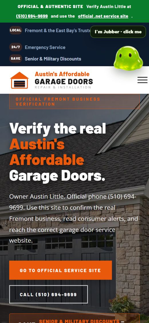 Austin's Affordable Garage Door .com site on a phone