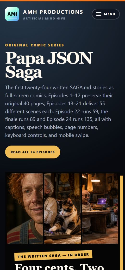 Papa JSON Saga comic site on a phone