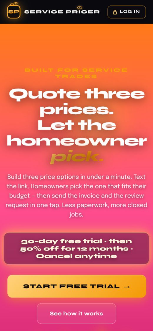Service Pricer app on a phone
